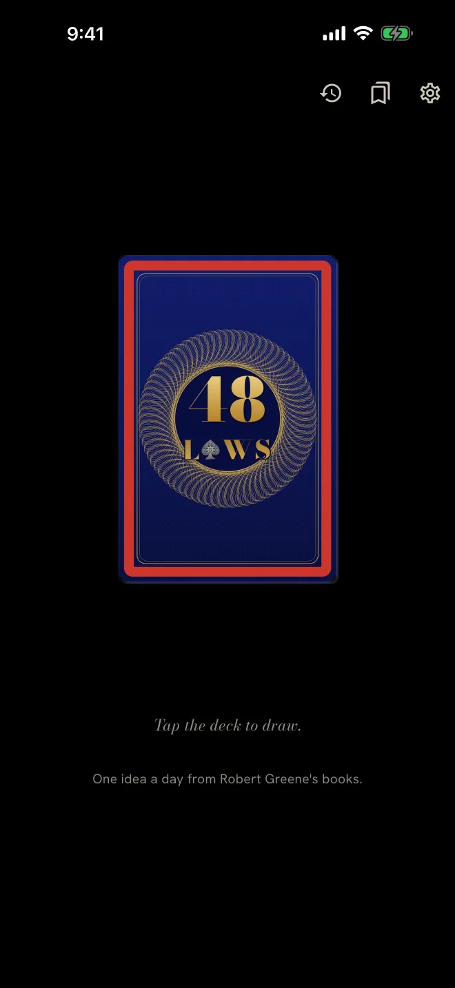 The app's opening screen: the back of a card and the line Tap the deck to draw