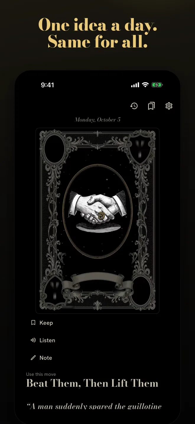 One idea a day, same for all. Today's card with Keep, Listen and Note